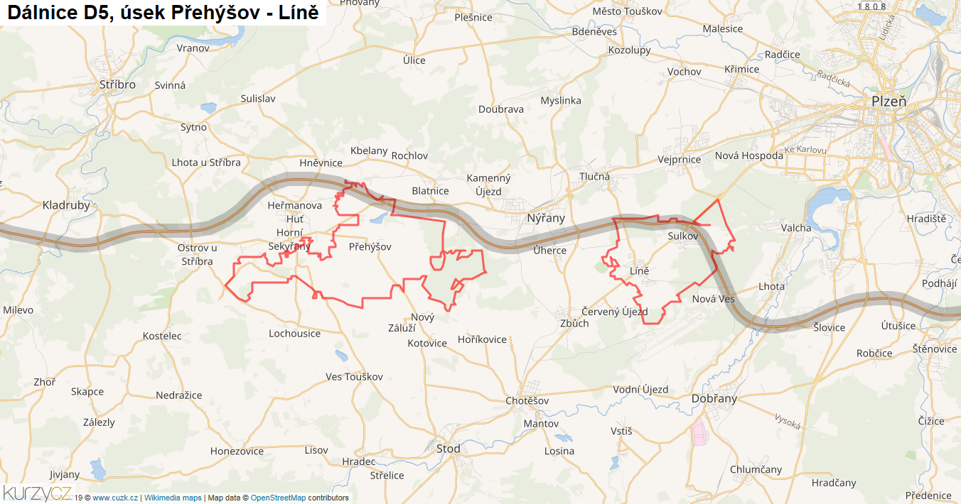 Úsek Přehýšov - Líně, Dálnice D5 - Mapa