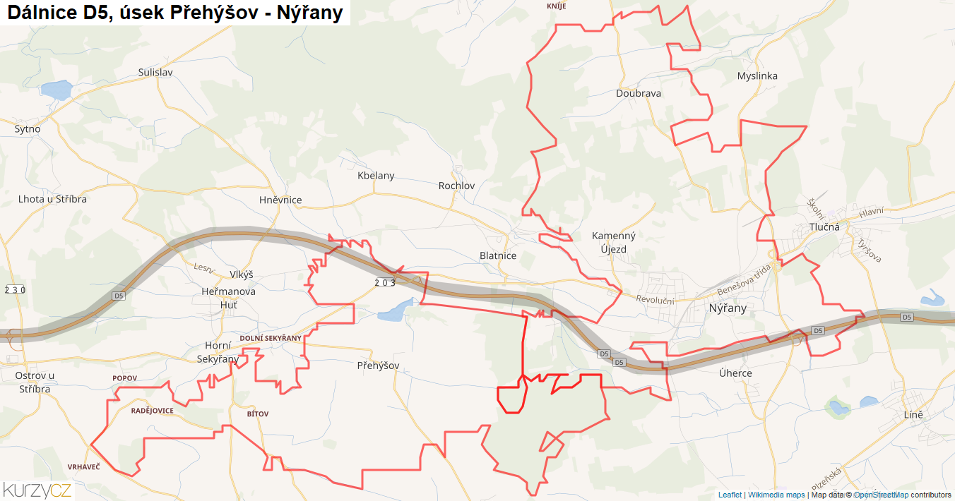Úsek Přehýšov - Nýřany, Dálnice D5 - Mapa