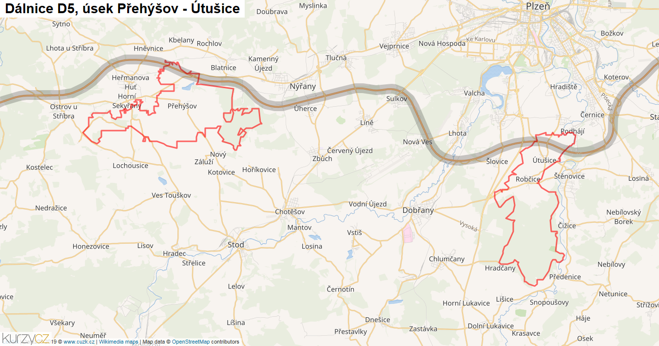 Úsek Přehýšov - Útušice, Dálnice D5 - Mapa