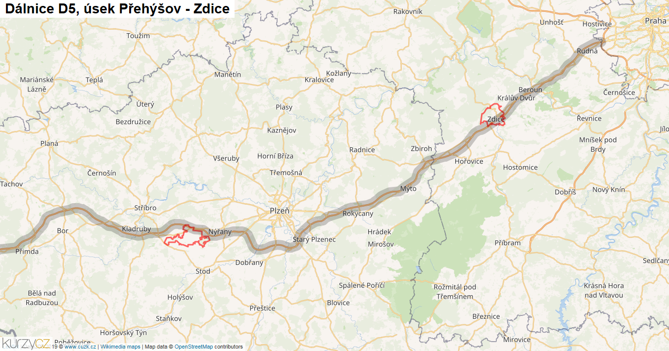 Úsek Přehýšov - Zdice, Dálnice D5 - Mapa