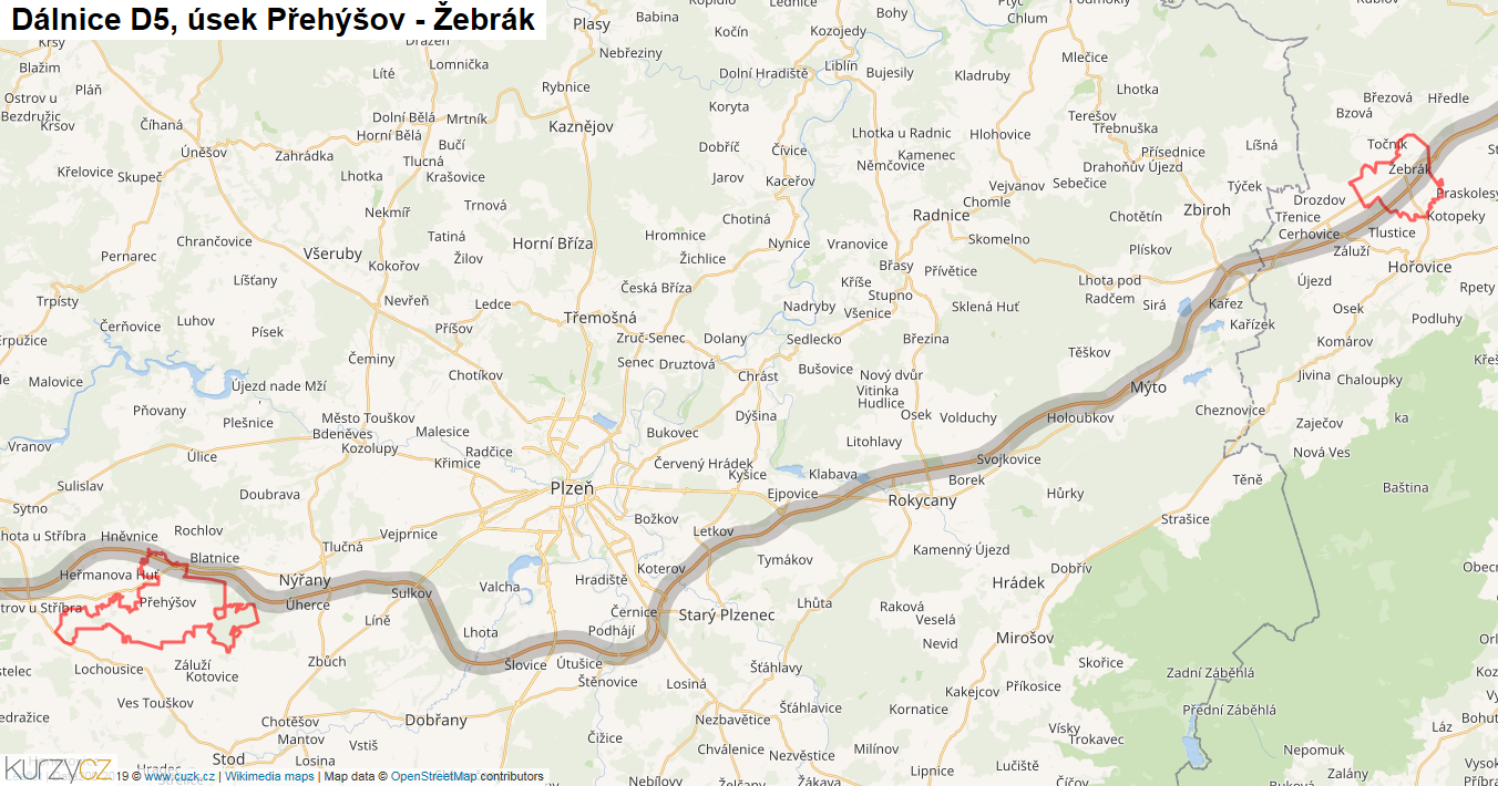 Úsek Přehýšov - Žebrák, Dálnice D5 - Mapa