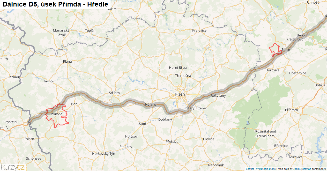 Úsek Přimda - Hředle, Dálnice D5 - Mapa