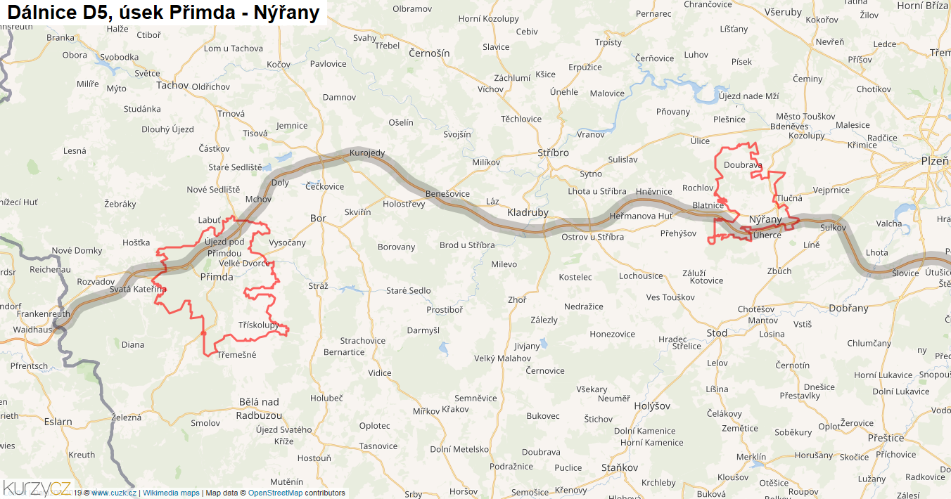 Úsek Přimda - Nýřany, Dálnice D5 - Mapa