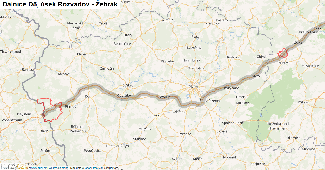 Úsek Rozvadov - Žebrák, Dálnice D5 - Mapa