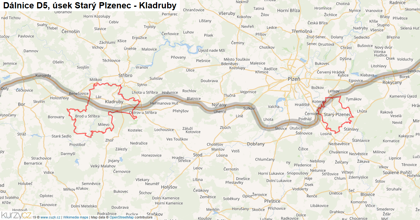Úsek Starý Plzenec - Kladruby, Dálnice D5 - Mapa