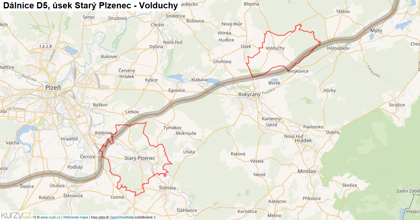 Úsek Starý Plzenec - Volduchy, Dálnice D5 - Mapa
