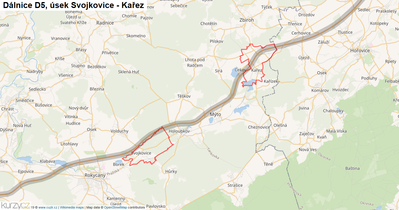 Úsek Svojkovice - Kařez, Dálnice D5 - Mapa