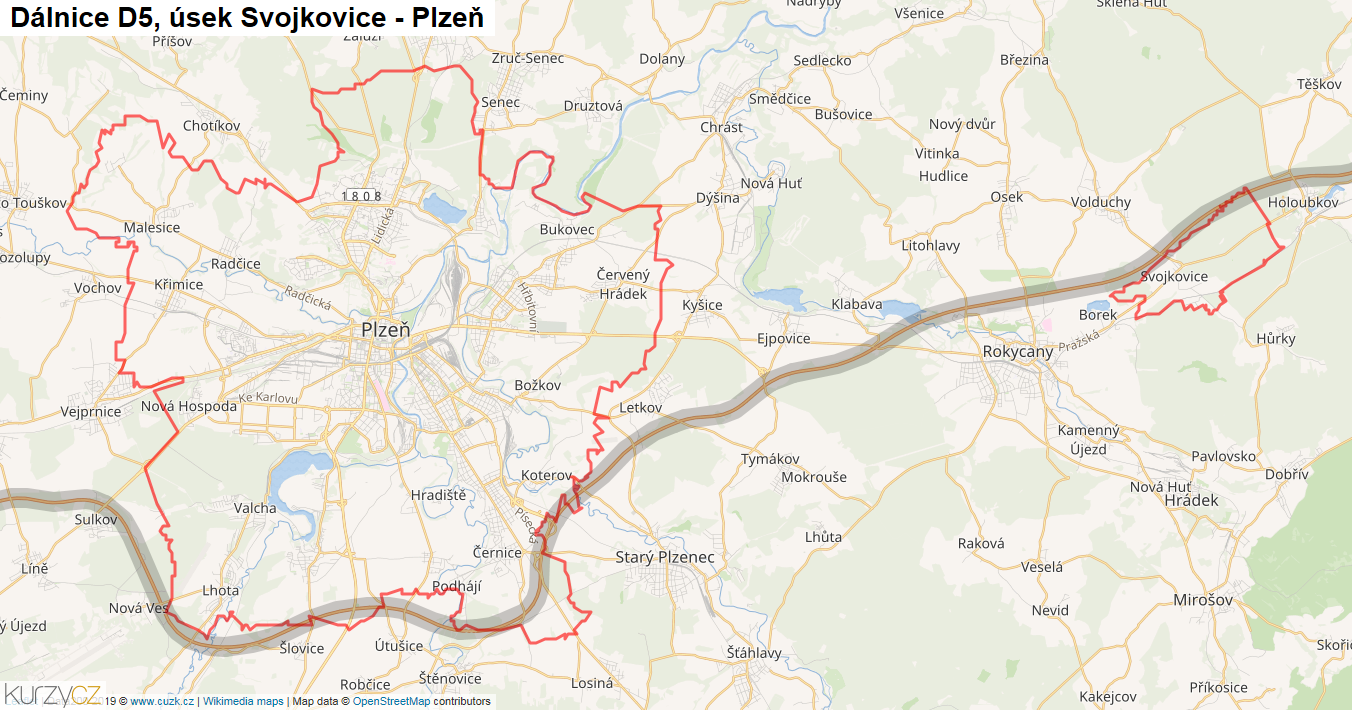 Úsek Svojkovice - Plzeň, Dálnice D5 - Mapa