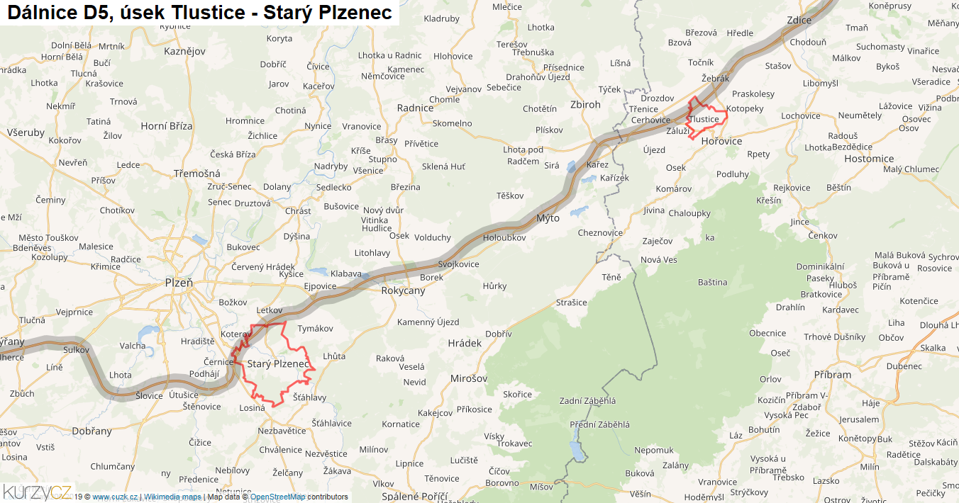 Úsek Tlustice - Starý Plzenec, Dálnice D5 - Mapa