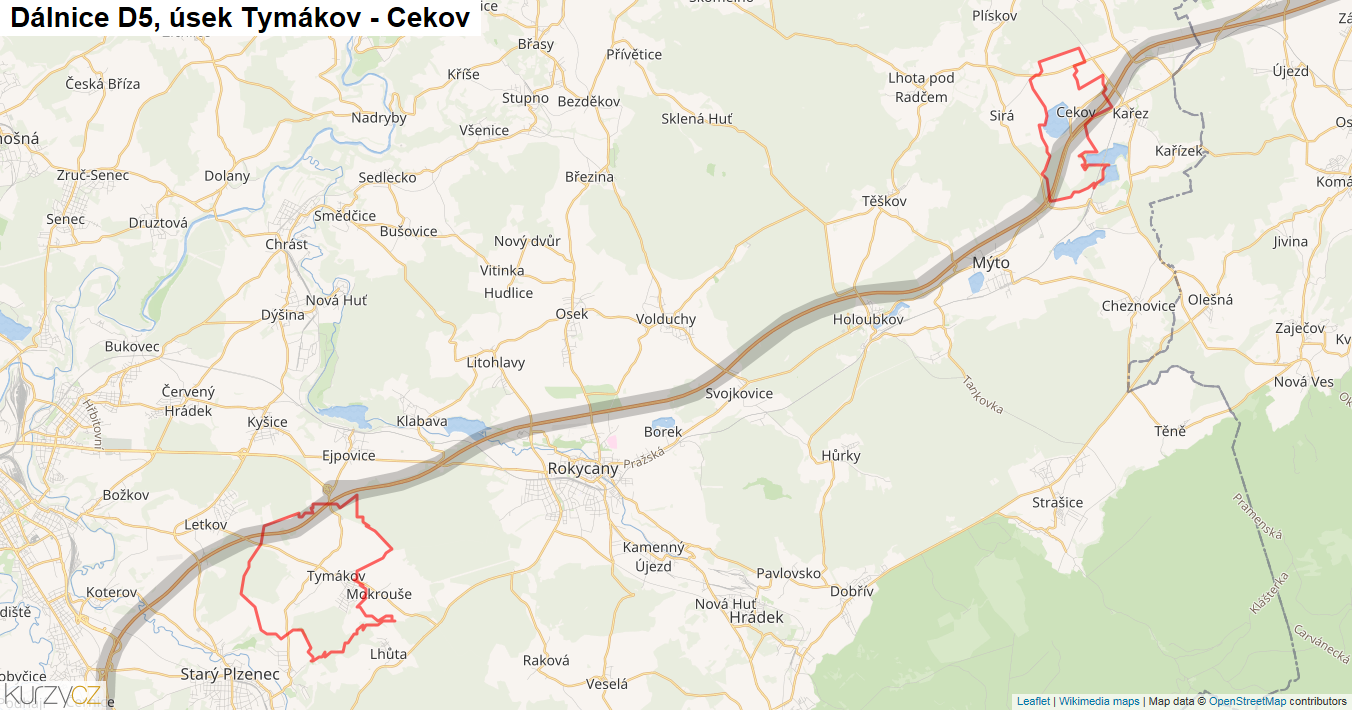Úsek Tymákov - Cekov, Dálnice D5 - Mapa