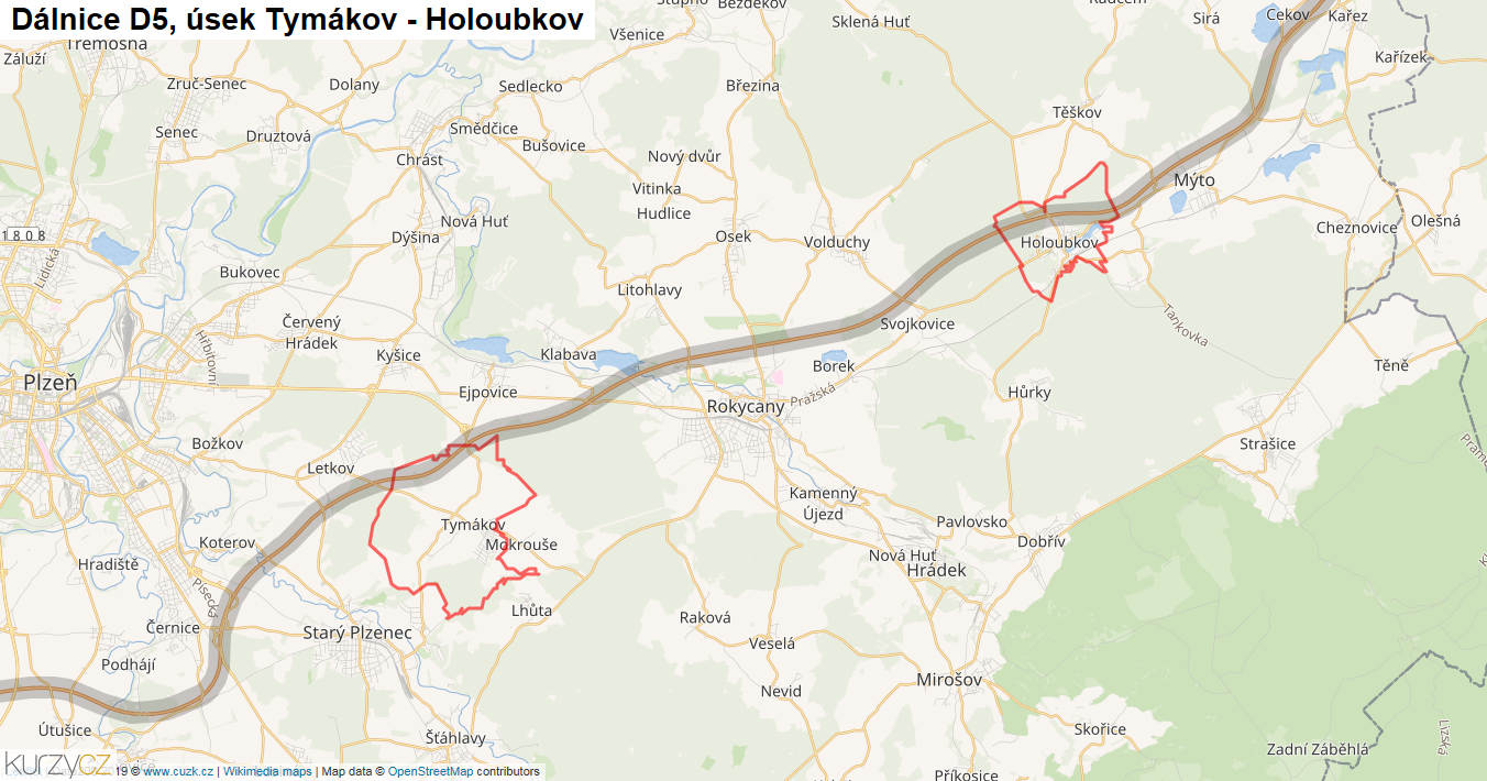 Úsek Tymákov - Holoubkov, Dálnice D5 - Mapa
