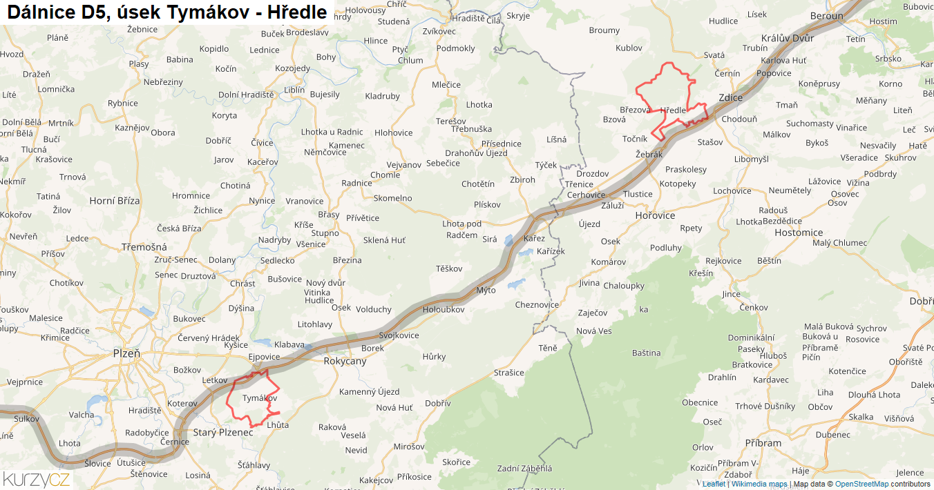 Úsek Tymákov - Hředle, Dálnice D5 - Mapa