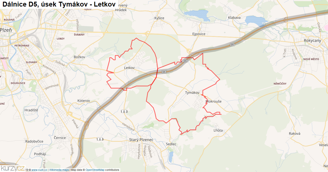 Úsek Tymákov - Letkov, Dálnice D5 - Mapa