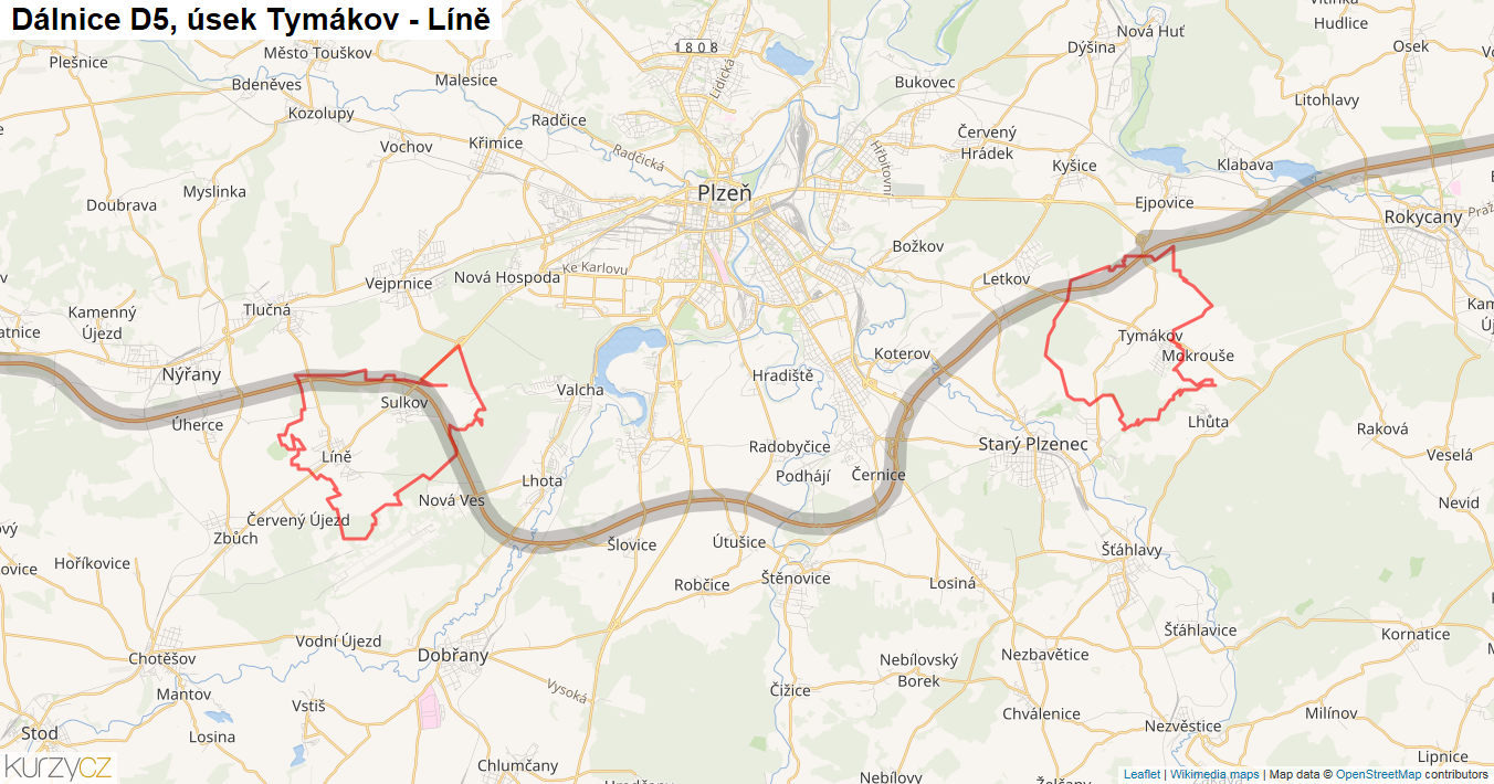Úsek Tymákov - Líně, Dálnice D5 - Mapa