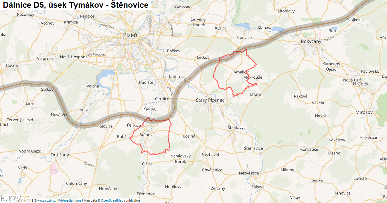 Úsek Tymákov - Štěnovice, Dálnice D5 - Mapa