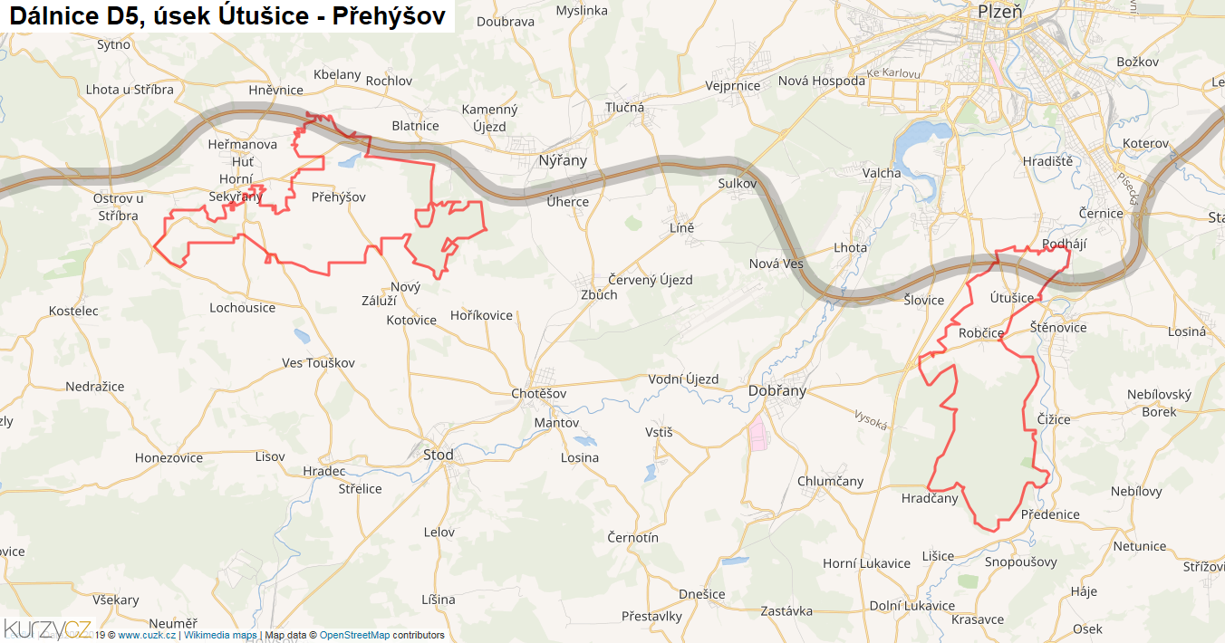 Úsek Útušice - Přehýšov, Dálnice D5 - Mapa