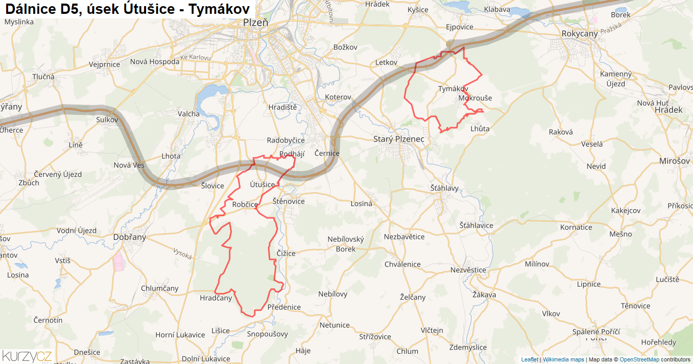 Úsek Útušice - Tymákov, Dálnice D5 - Mapa