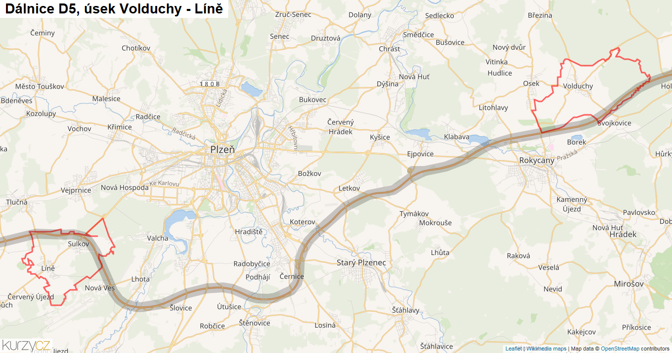 Úsek Volduchy - Líně, Dálnice D5 - Mapa
