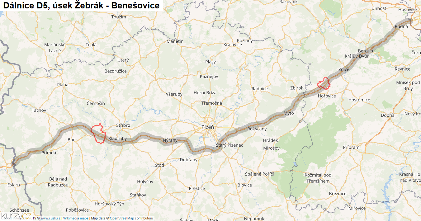 Úsek Žebrák - Benešovice, Dálnice D5 - Mapa