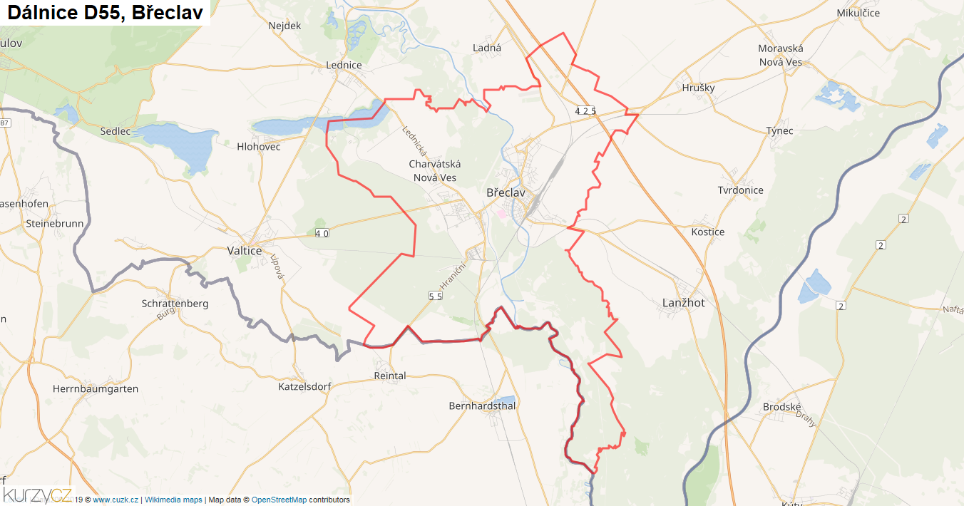 Břeclav, Dálnice D55 - Mapa
