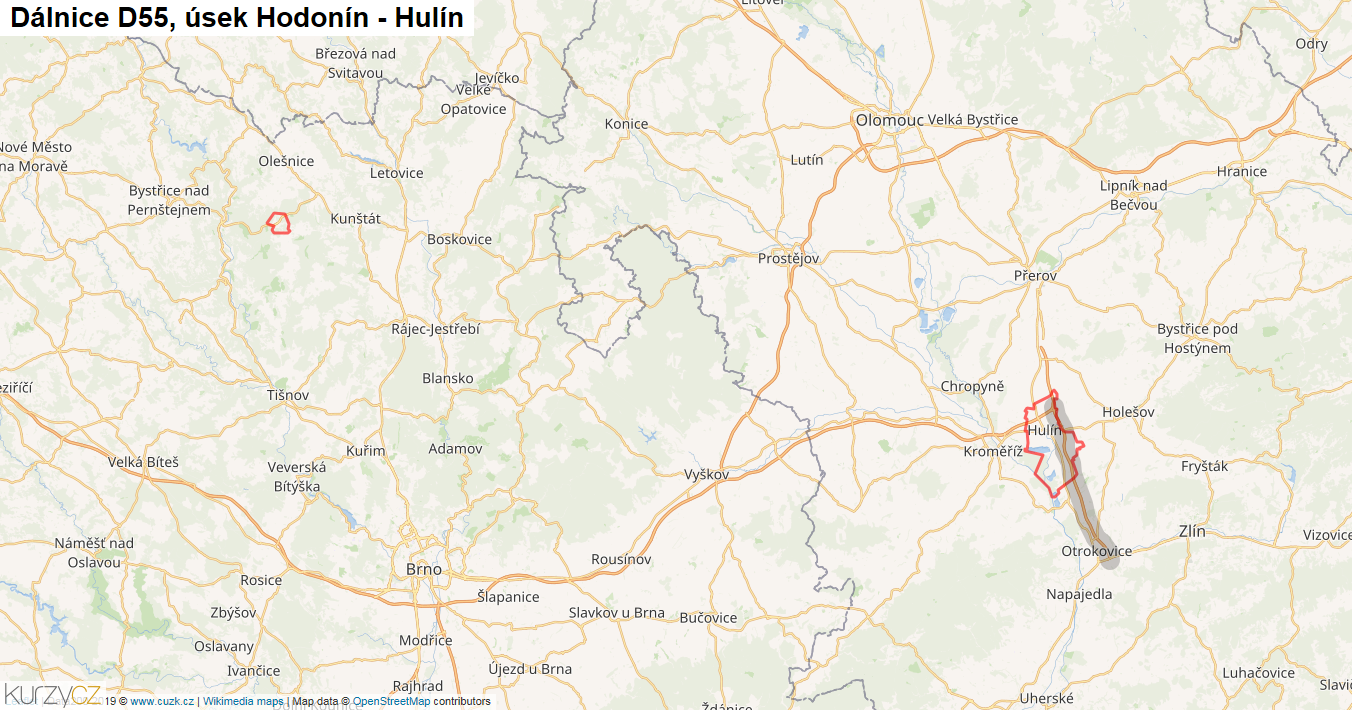 Úsek Hodonín - Hulín, Dálnice D55 - Mapa