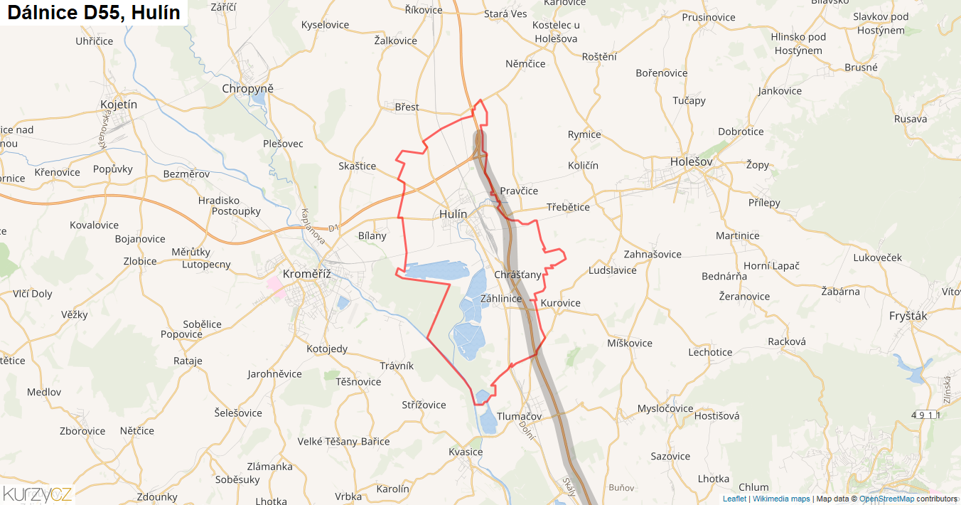 Hulín, Dálnice D55 - Mapa