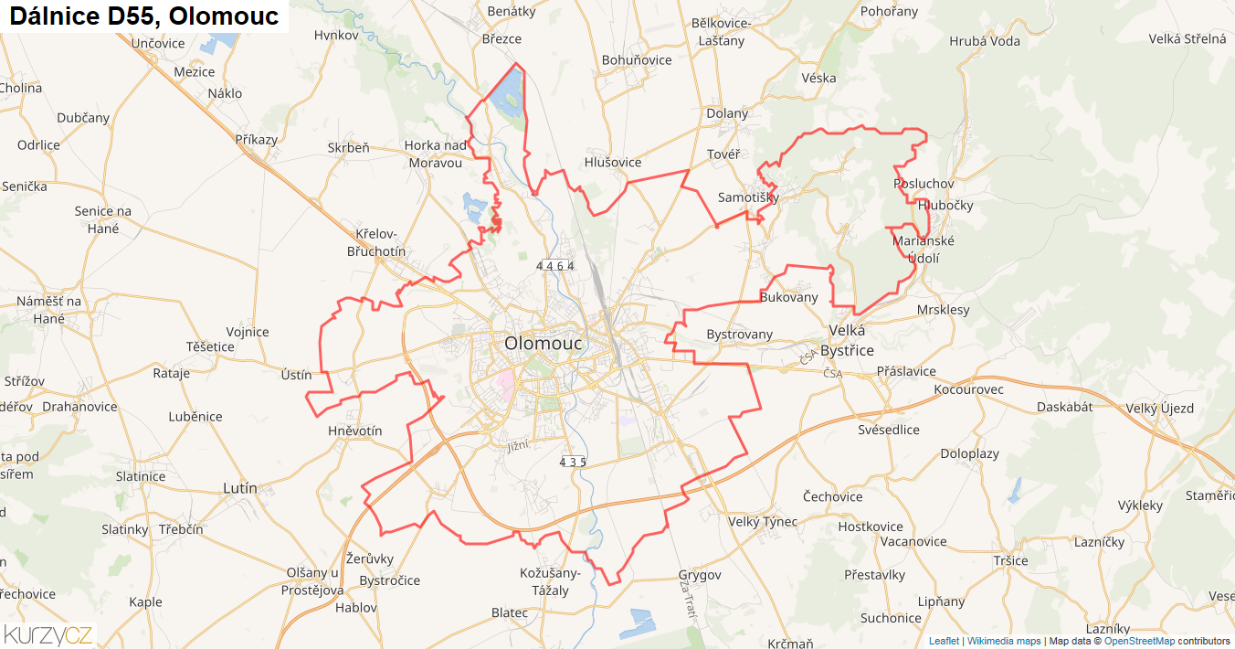 Olomouc, Dálnice D55 - Mapa