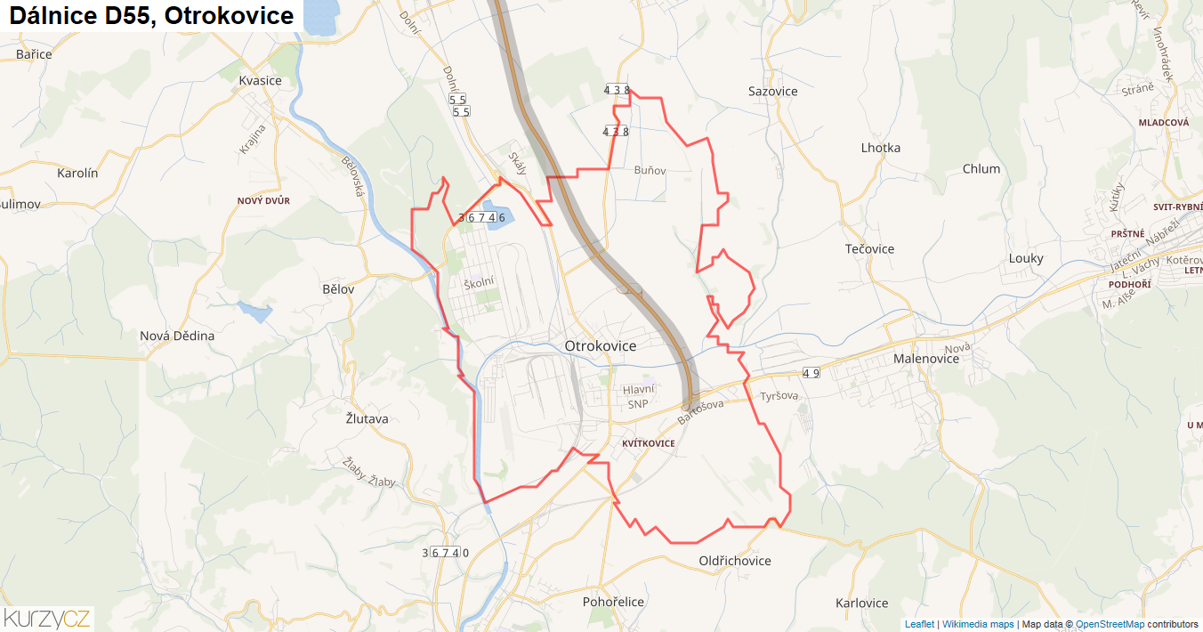 Otrokovice, Dálnice D55 - Mapa
