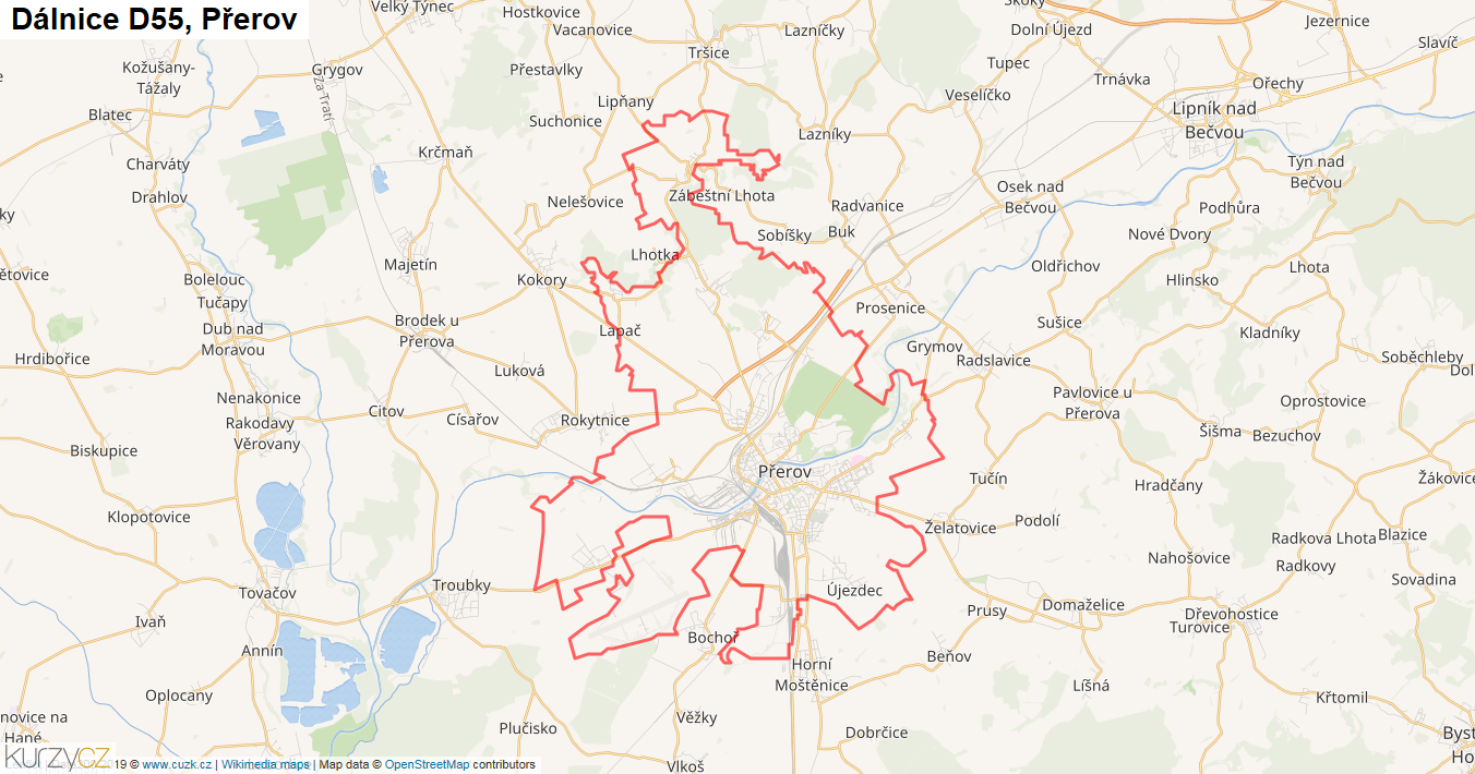 Přerov, Dálnice D55 - Mapa