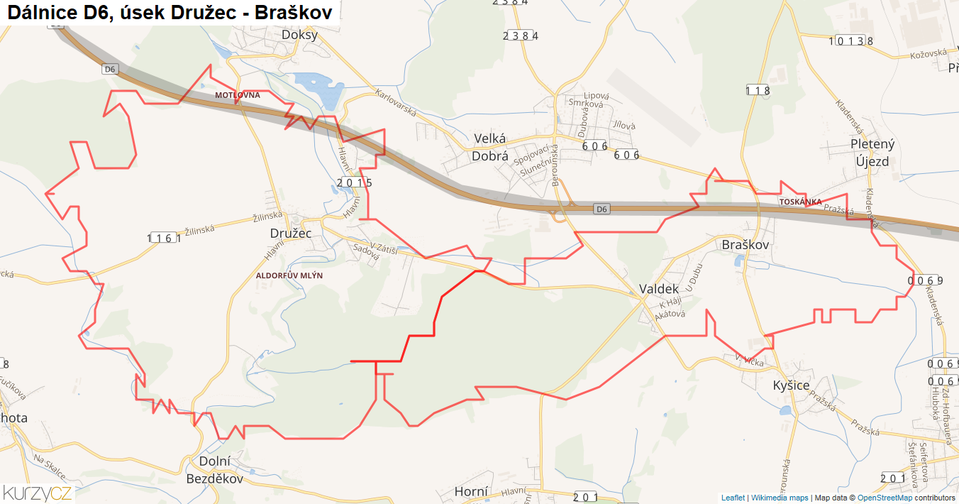 Úsek Družec - Braškov, Dálnice D6 - Mapa