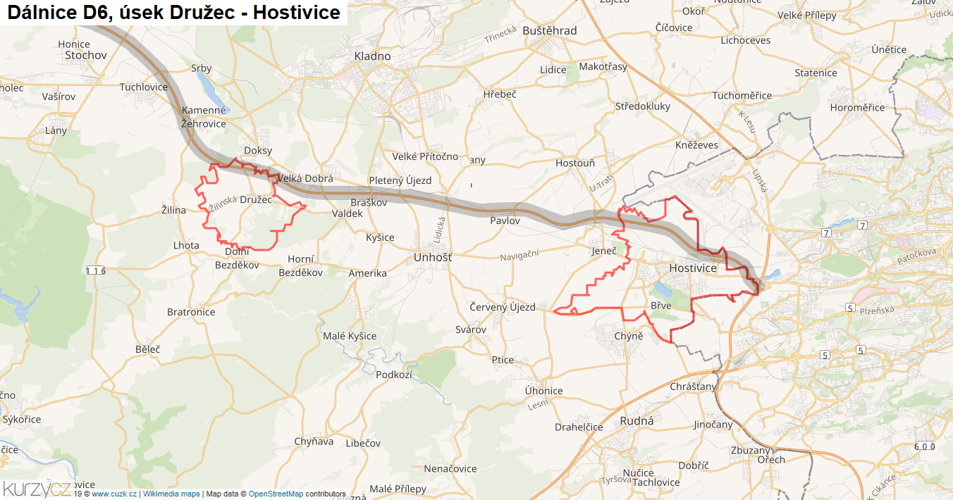 Úsek Družec - Hostivice, Dálnice D6 - Mapa