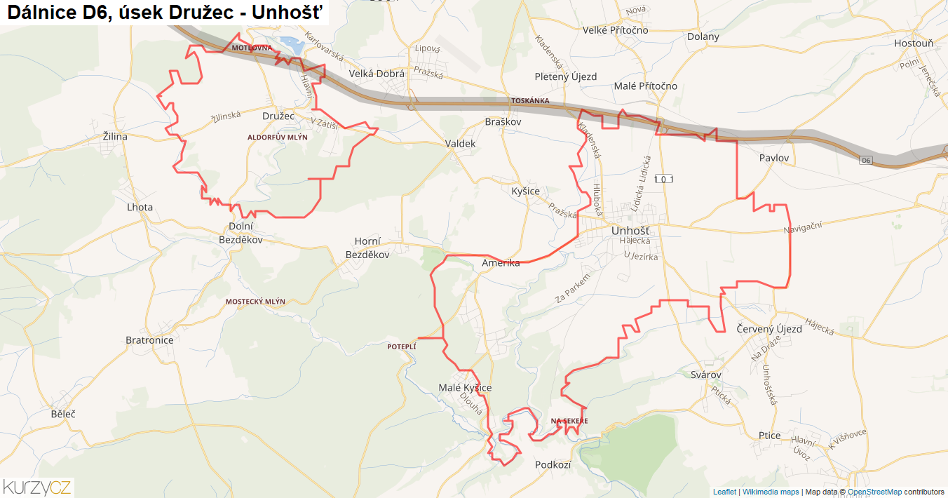 Úsek Družec - Unhošť, Dálnice D6 - Mapa