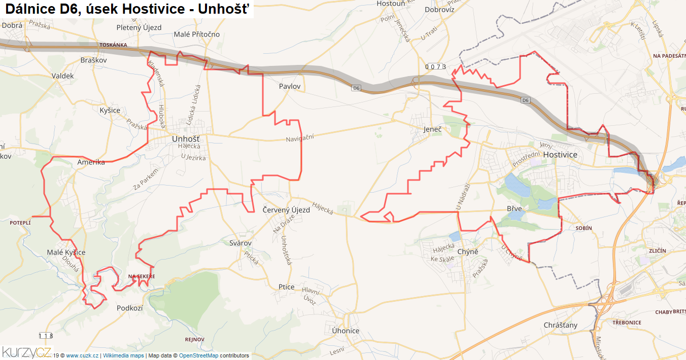 Úsek Hostivice - Unhošť, Dálnice D6 - Mapa