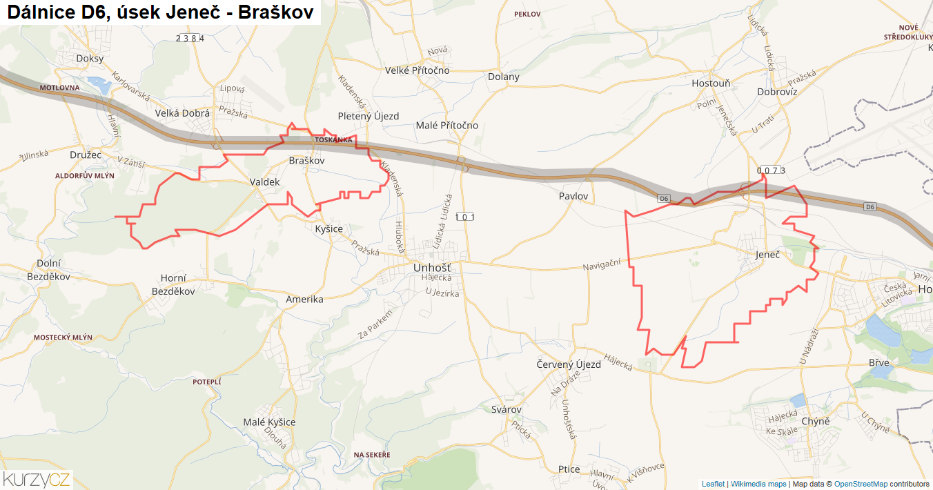 Úsek Jeneč - Braškov, Dálnice D6 - Mapa