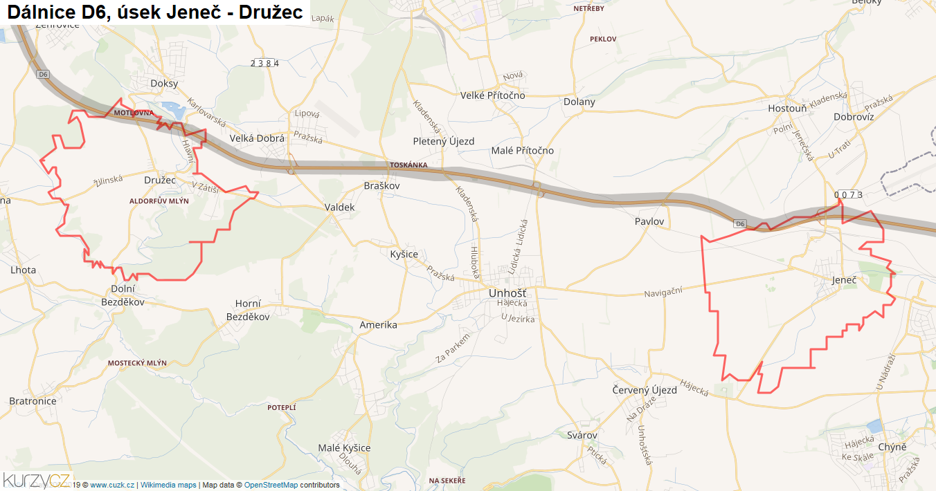 Úsek Jeneč - Družec, Dálnice D6 - Mapa