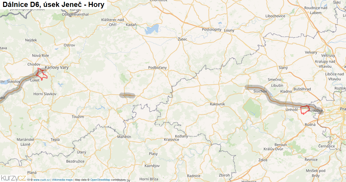Úsek Jeneč - Hory, Dálnice D6 - Mapa