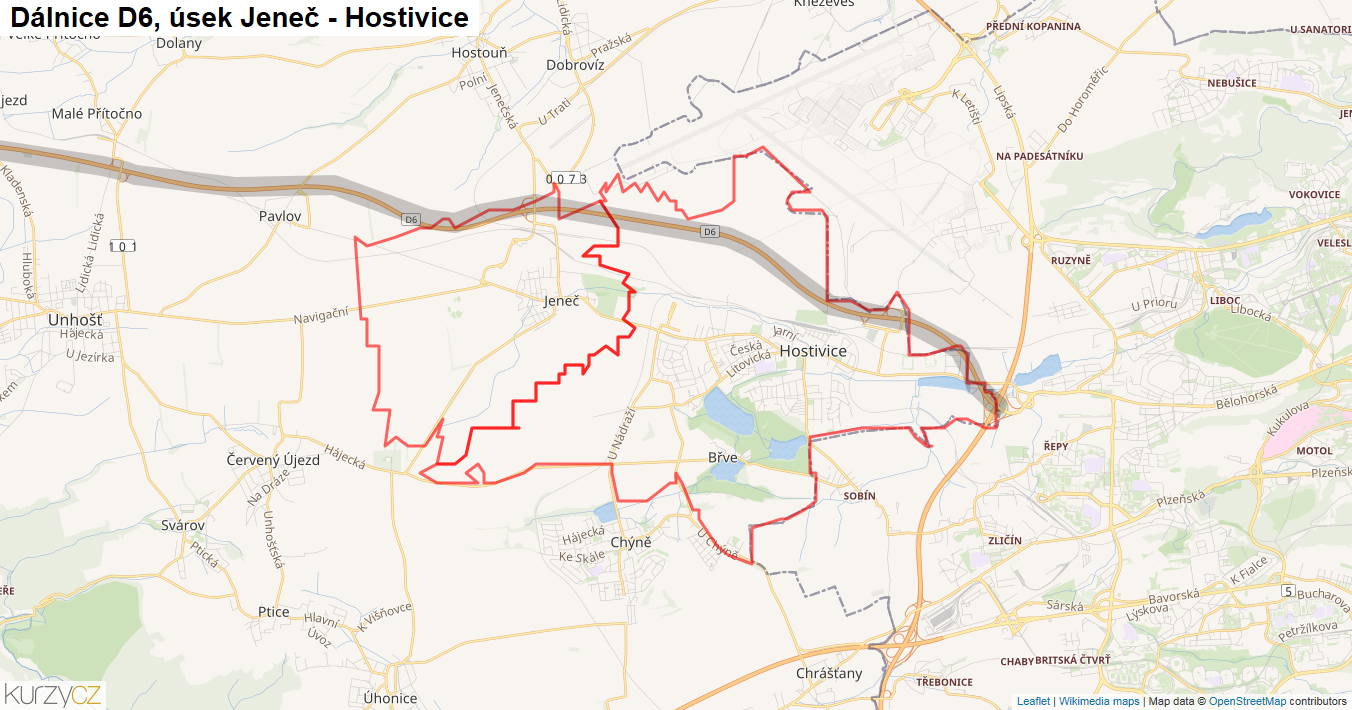 Úsek Jeneč - Hostivice, Dálnice D6 - Mapa