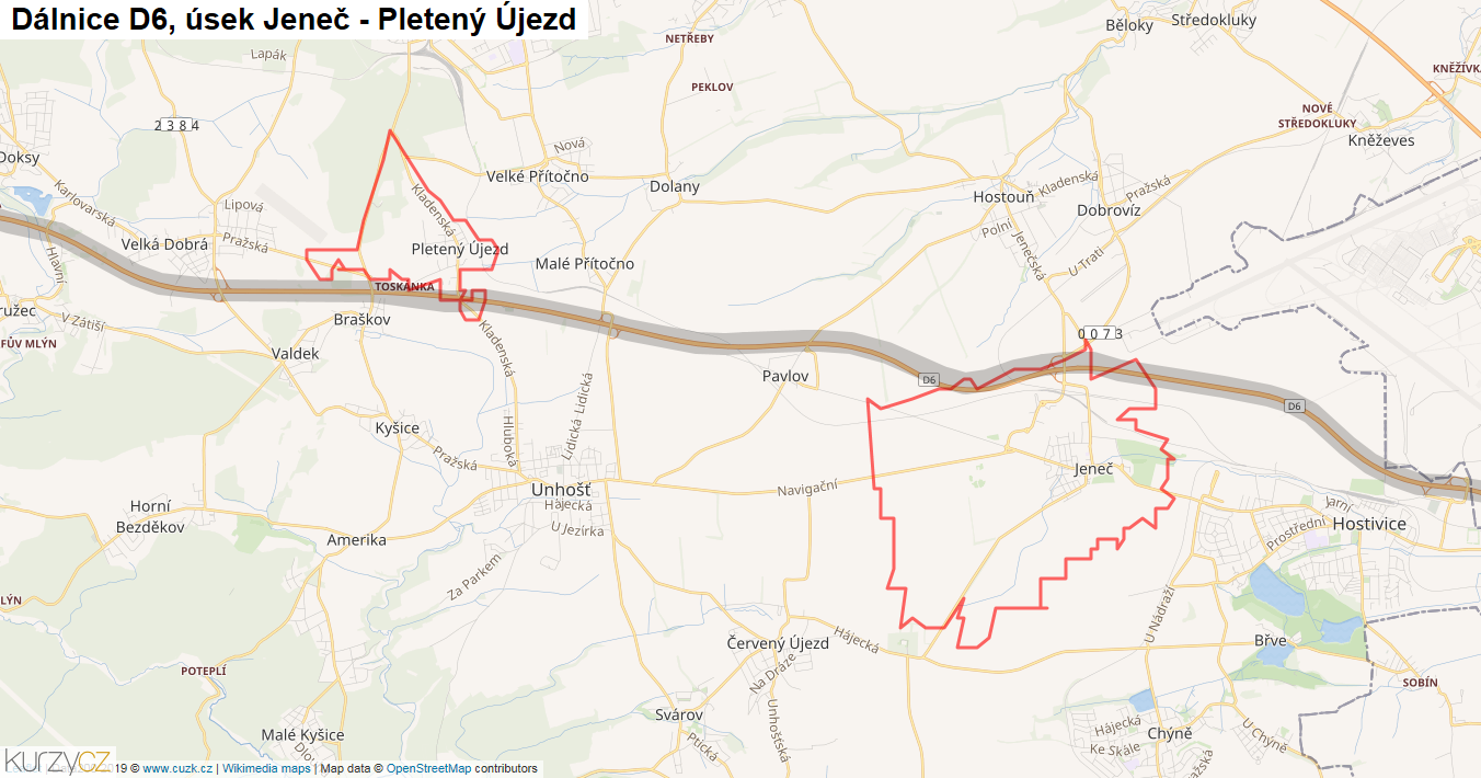 Úsek Jeneč - Pletený Újezd, Dálnice D6 - Mapa