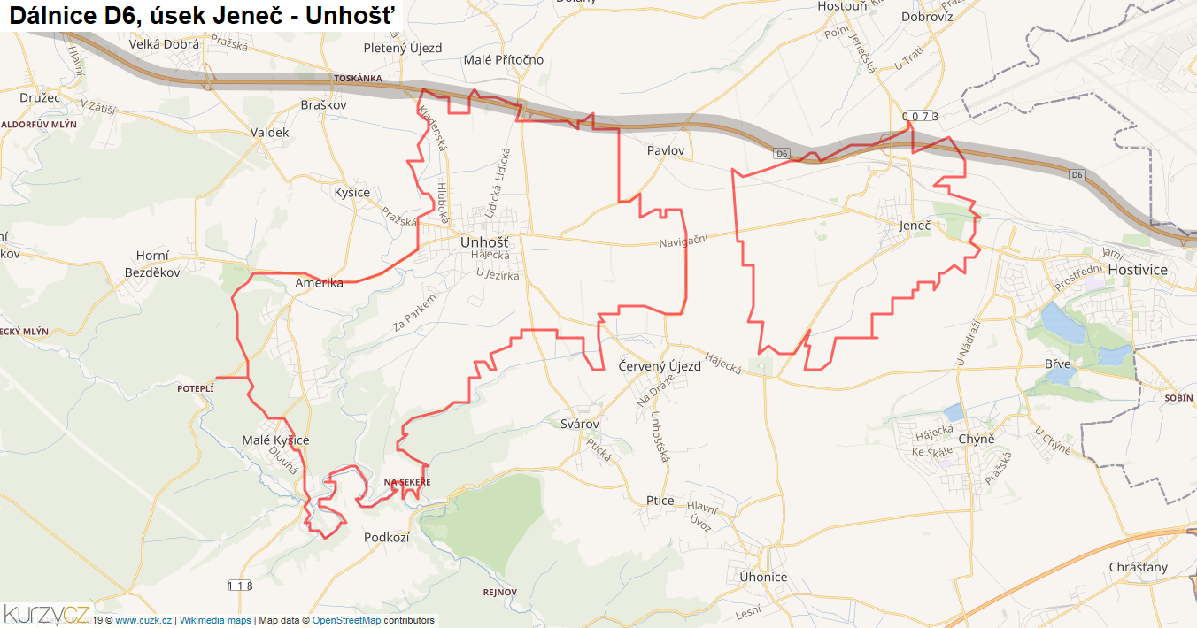 Úsek Jeneč - Unhošť, Dálnice D6 - Mapa