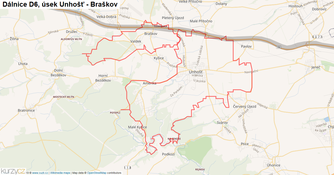 Úsek Unhošť - Braškov, Dálnice D6 - Mapa