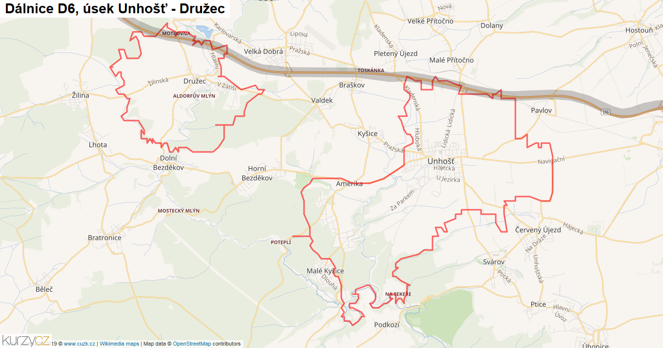 Úsek Unhošť - Družec, Dálnice D6 - Mapa