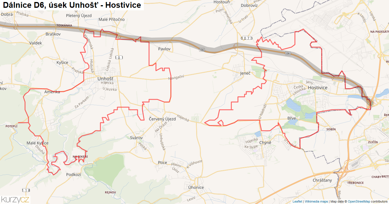 Úsek Unhošť - Hostivice, Dálnice D6 - Mapa