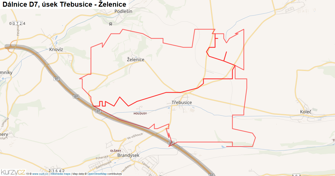 Úsek Třebusice - Želenice, Dálnice D7 - Mapa