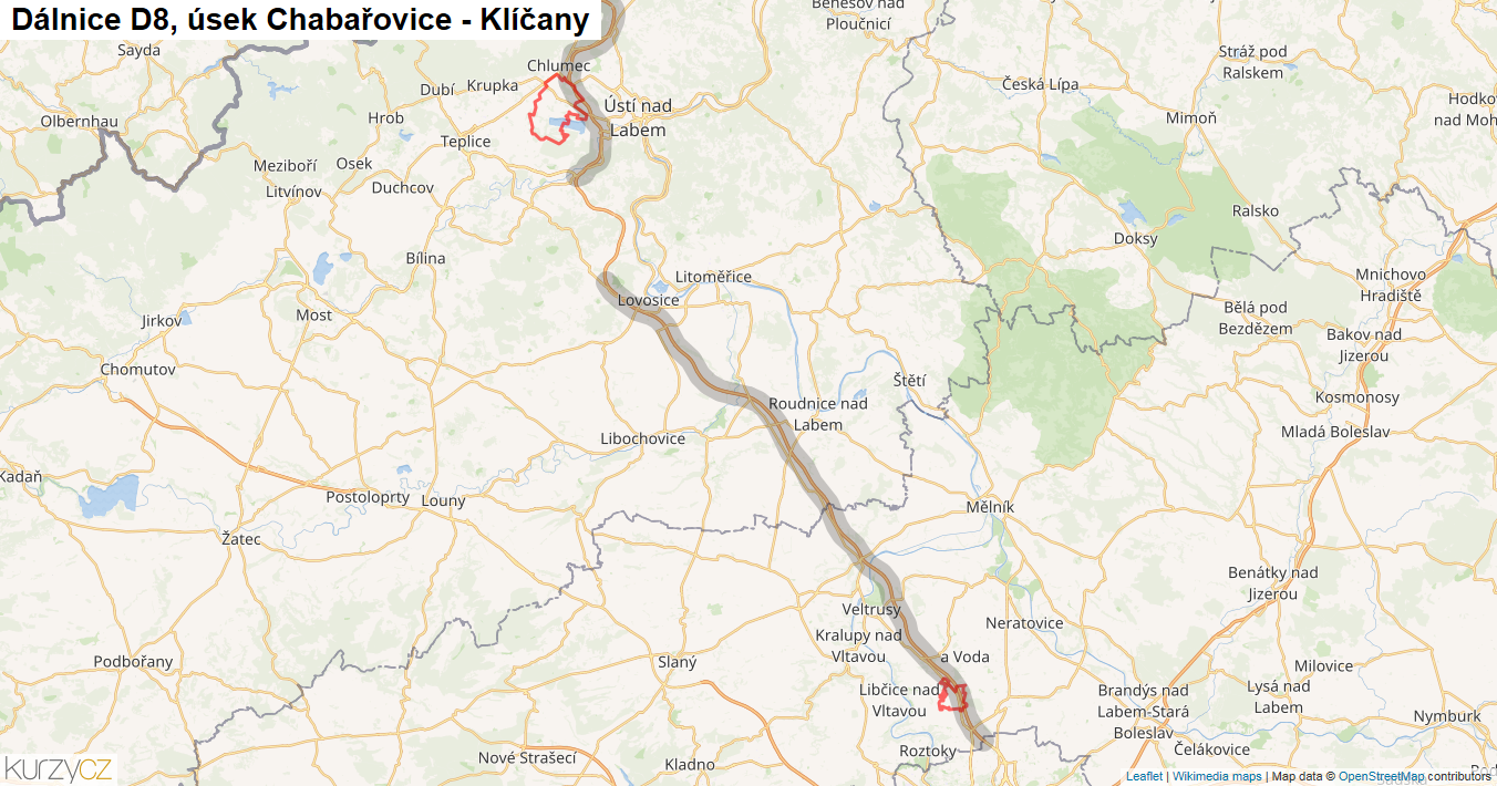 Úsek Chabařovice - Klíčany, Dálnice D8 - Mapa