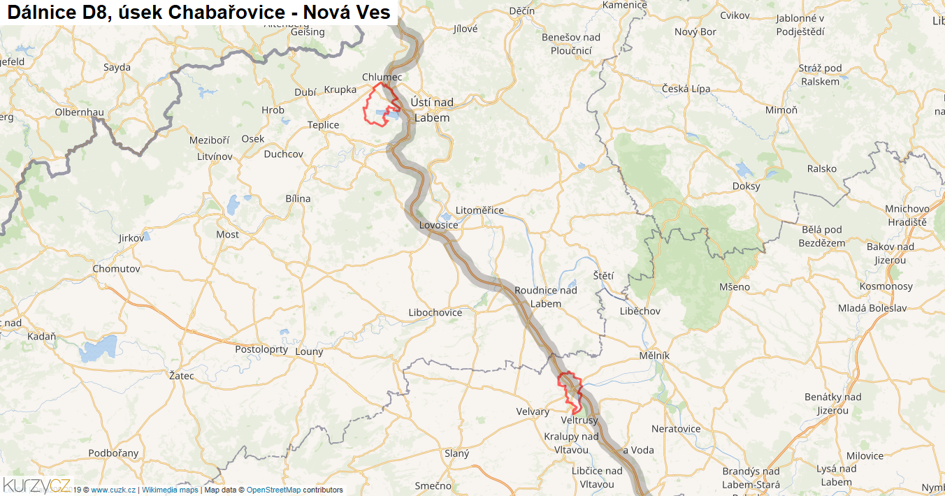 Úsek Chabařovice - Nová Ves, Dálnice D8 - Mapa