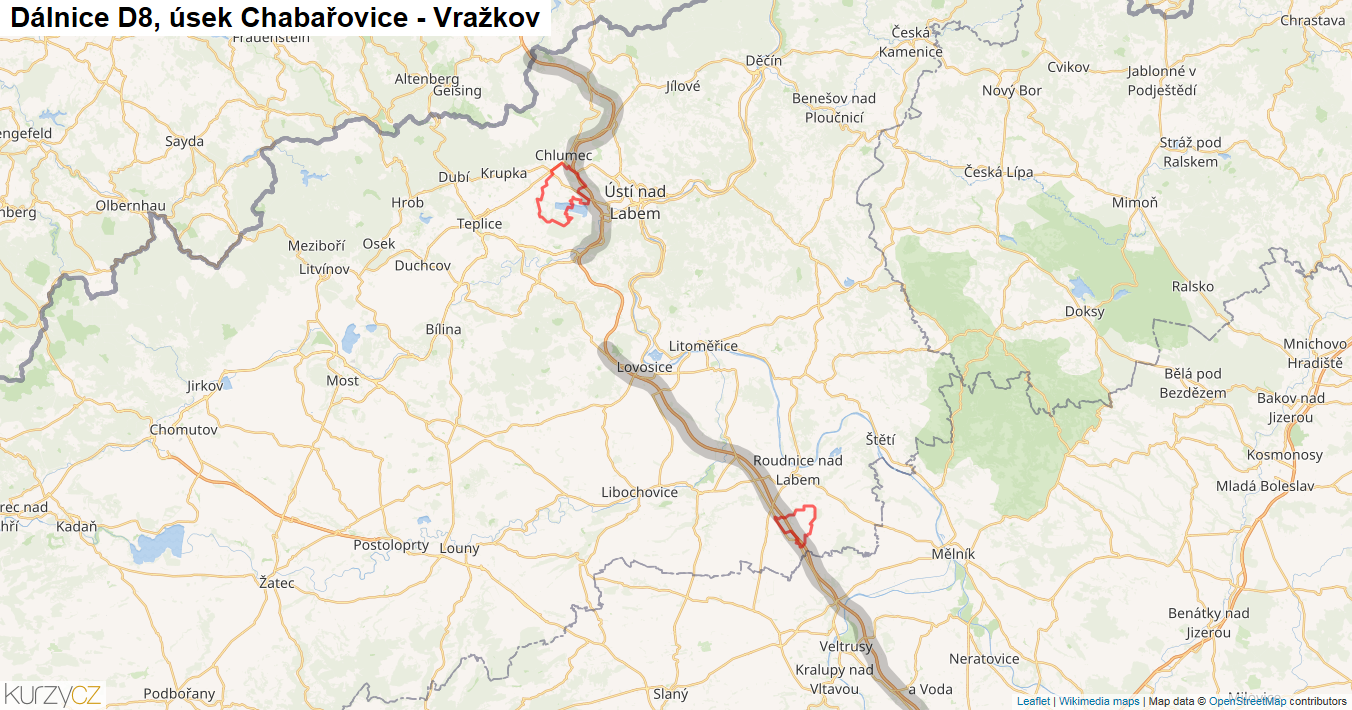 Úsek Chabařovice - Vražkov, Dálnice D8 - Mapa