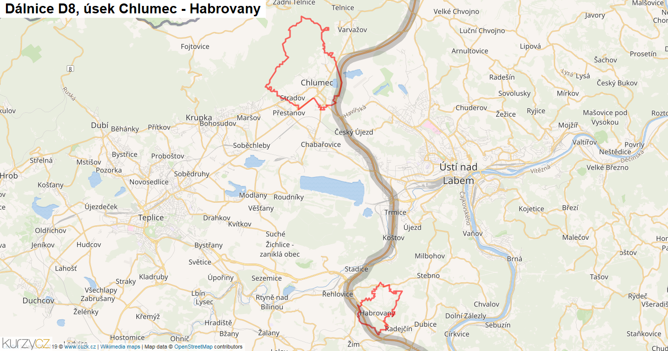 Úsek Chlumec - Habrovany, Dálnice D8 - Mapa