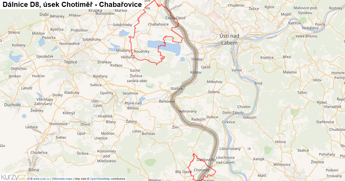 Úsek Chotiměř - Chabařovice, Dálnice D8 - Mapa