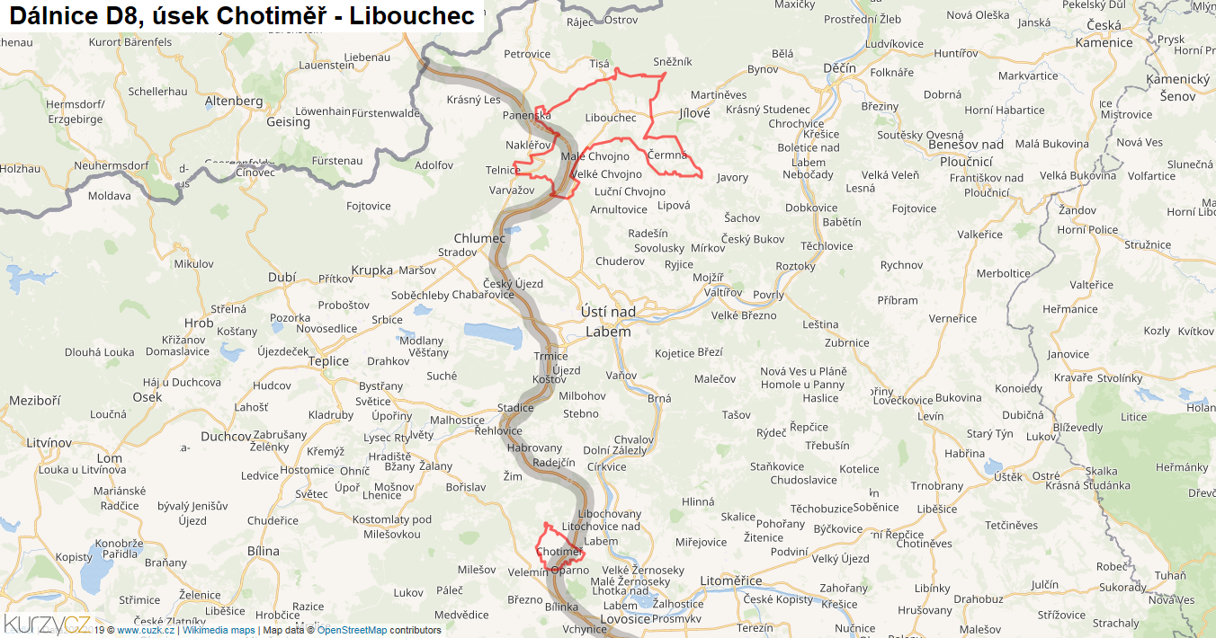 Úsek Chotiměř - Libouchec, Dálnice D8 - Mapa
