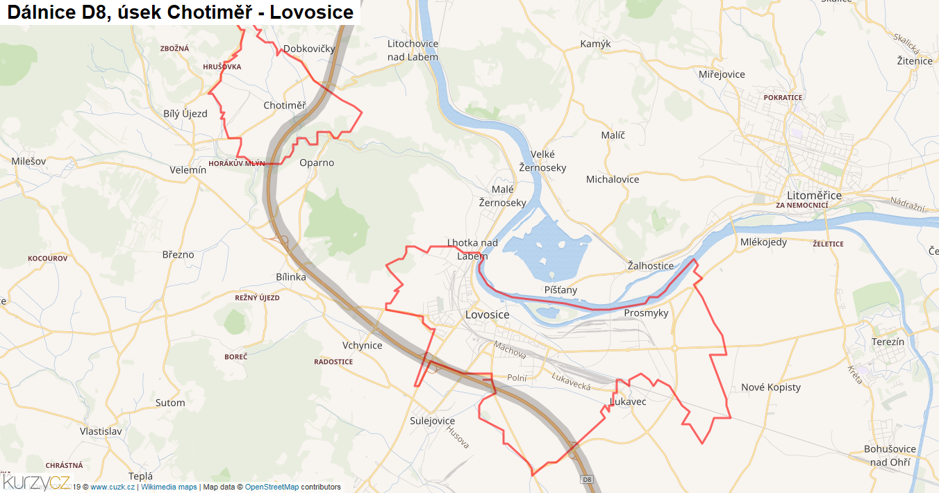 Úsek Chotiměř - Lovosice, Dálnice D8 - Mapa